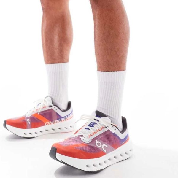 Colorful running shoes on a person’s feet with white socks; brand 'ON' visible on the sides.