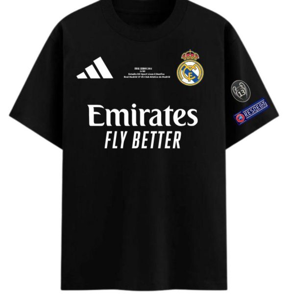 Front view of a black T-shirt featuring Real Madrid crest, Adidas logo, Emirates Fly Better text, and sleeve patches.