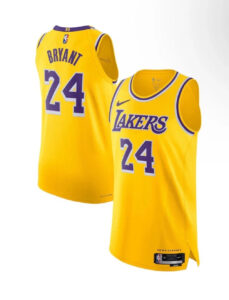 Two yellow Los Angeles Lakers basketball jerseys featuring number 24 (Bryant), shown from front and back views.