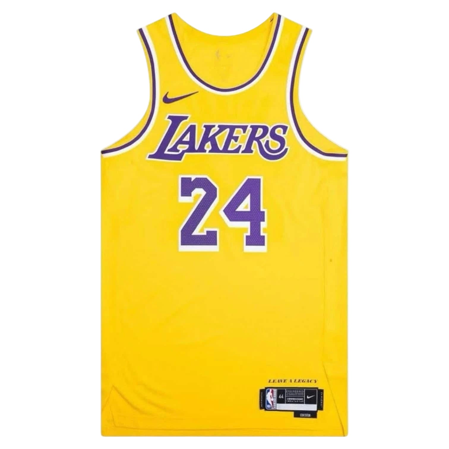 X6 Yellow Los Angeles Lakers basketball jersey with purple 'Lakers' script and the number 24 in purple, Nike swoosh on the chest, front view.
