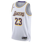 White Los Angeles Lakers basketball jersey with purple and gold trim, displaying the number 23.