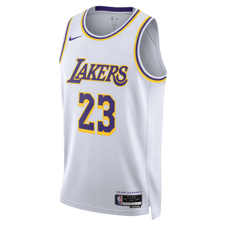 White Los Angeles Lakers basketball jersey with purple and gold trim, displaying the number 23.