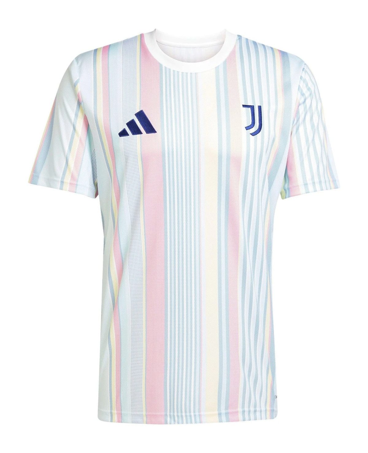 Pastel striped Juventus x Adidas jersey with blue logos, front view