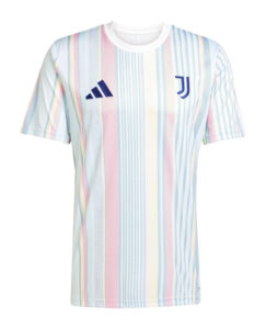 Pastel striped Juventus x Adidas jersey with blue logos, front view