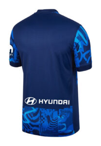 XApqCpWFg488tGl | UAE SPORT STORE Rear view of a dark blue athletic jersey with bright blue abstract side pattern and a white Hyundai logo near the bottom hem.