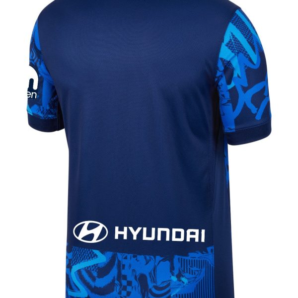 Rear view of a dark blue athletic jersey with bright blue abstract side pattern and a white Hyundai logo near the bottom hem.