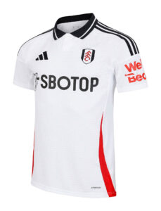 XQxNGGsG44pDU60 | UAE SPORT STORE White Fulham FC home jersey with black collar trim, crest on chest, Adidas logo, and SBOTOP sponsor across front