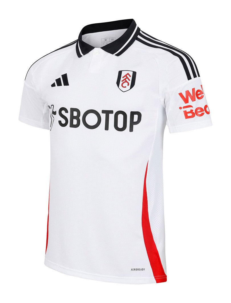 XQxNGGsG44pDU60 | UAE SPORT STORE White Fulham FC home jersey with black collar trim, crest on chest, Adidas logo, and SBOTOP sponsor across front
