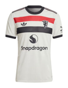 White soccer jersey with red stripe and black band across chest, featuring Snapdragon sponsor logo and team crest on the left chest.
