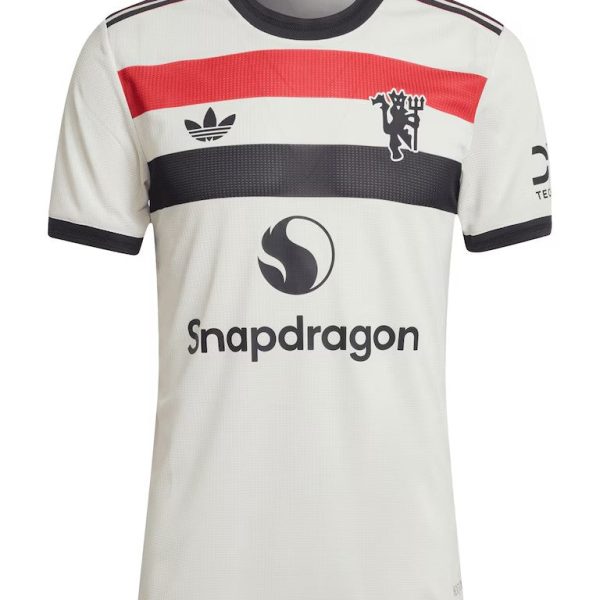 White soccer jersey with red stripe and black band across chest, featuring Snapdragon sponsor logo and team crest on the left chest.