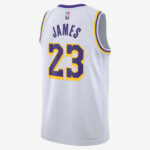 Back view of a white NBA basketball jersey with purple and gold trim, showing 'JAMES' and the number 23.