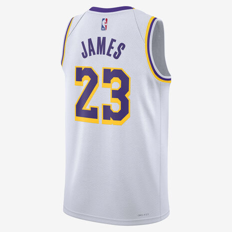 Back view of a white NBA basketball jersey with purple and gold trim, showing 'JAMES' and the number 23.