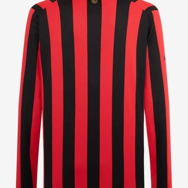 Back view of a long-sleeve red and black vertical striped soccer jersey.