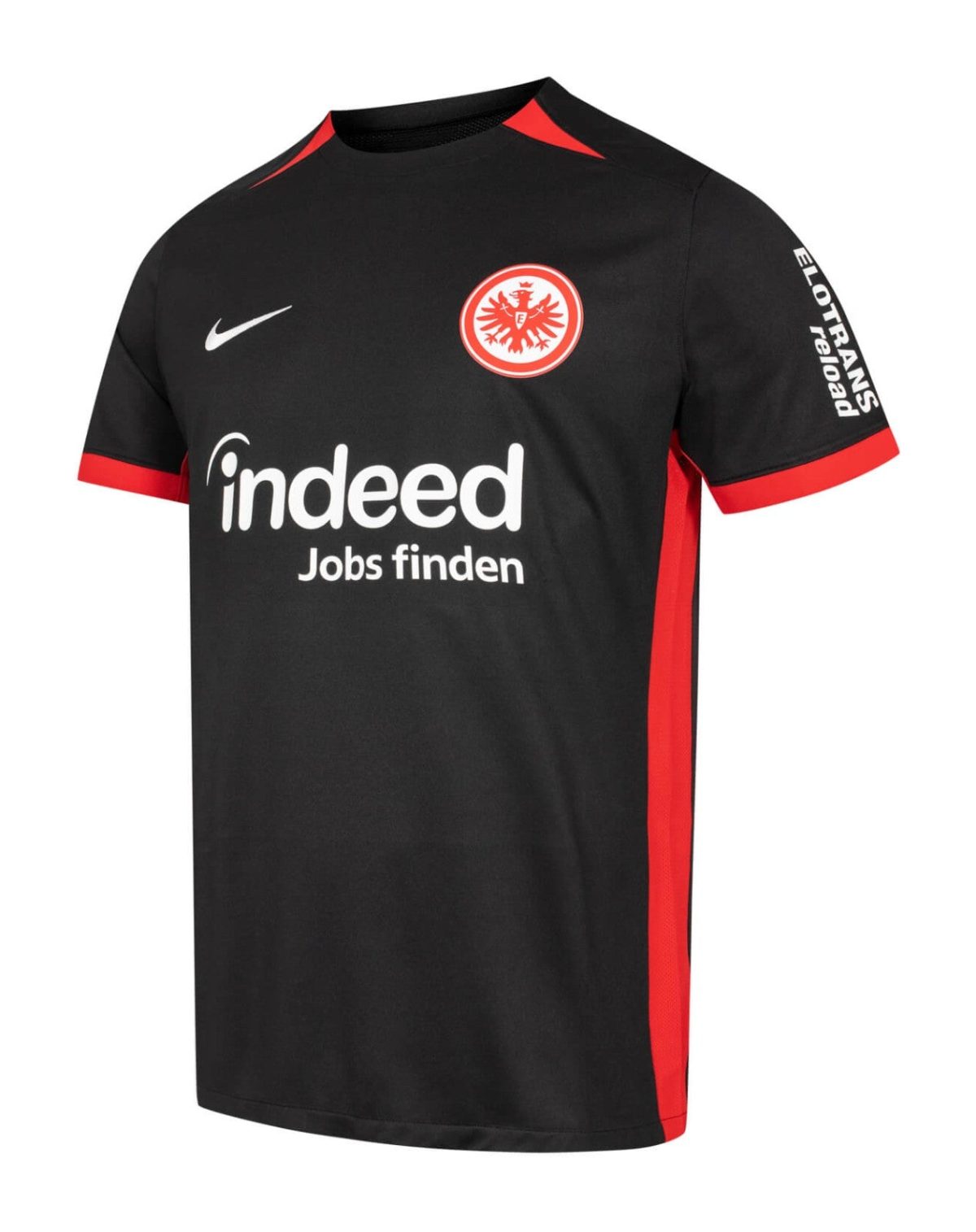 Black Eintracht Frankfurt football jersey with red accents and sponsor 'indeed' across chest