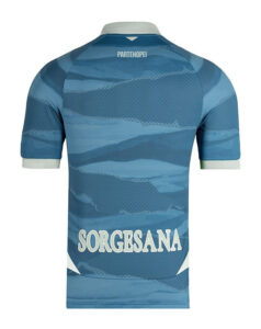 Back view of a blue patterned cycling jersey with white 'SORGESANA' text across the lower back and light cuffs at the sleeves.