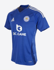 Blue Leicester City football jersey featuring white Adidas stripes on the shoulders, club crest, and BC.GAME sponsor logo.