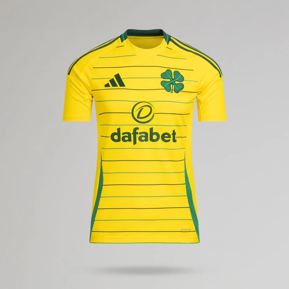 ZHR2IIAKRqSU8Xw | UAE SPORT STORE Yellow football jersey with green trim and horizontal dark green lines, featuring a green shamrock crest on the left chest and the 'dafabet' sponsor logo across the front (Adidas logo on the right).