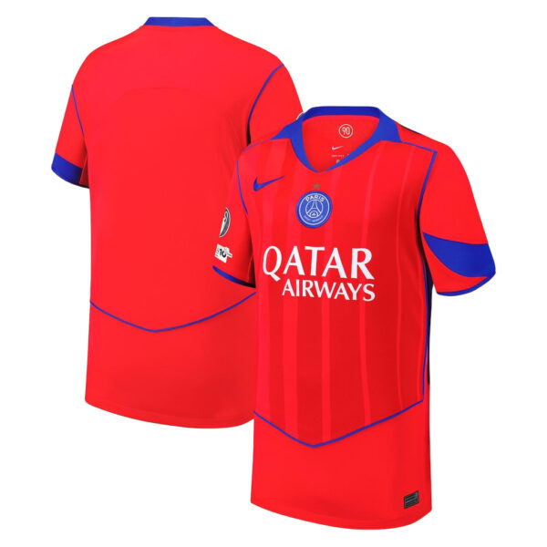 Red PSG football jersey with blue piping and Qatar Airways sponsor, shown from the front with Paris Saint‑Germain crest.