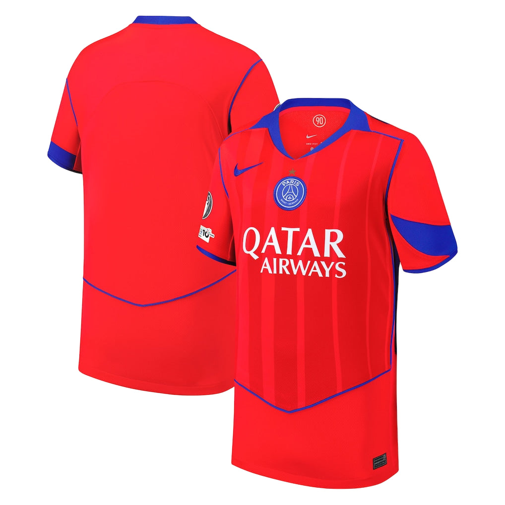 ZX Red PSG football jersey with blue piping and Qatar Airways sponsor, shown from the front with Paris Saint‑Germain crest.
