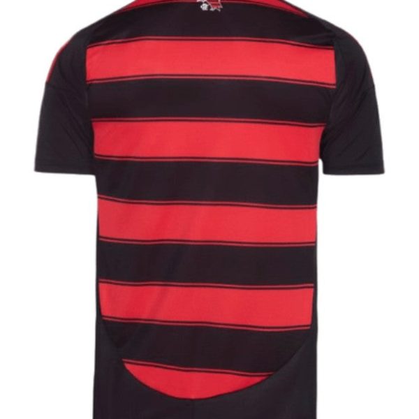 Back view of a black rugby jersey with bold red horizontal stripes and short sleeves.