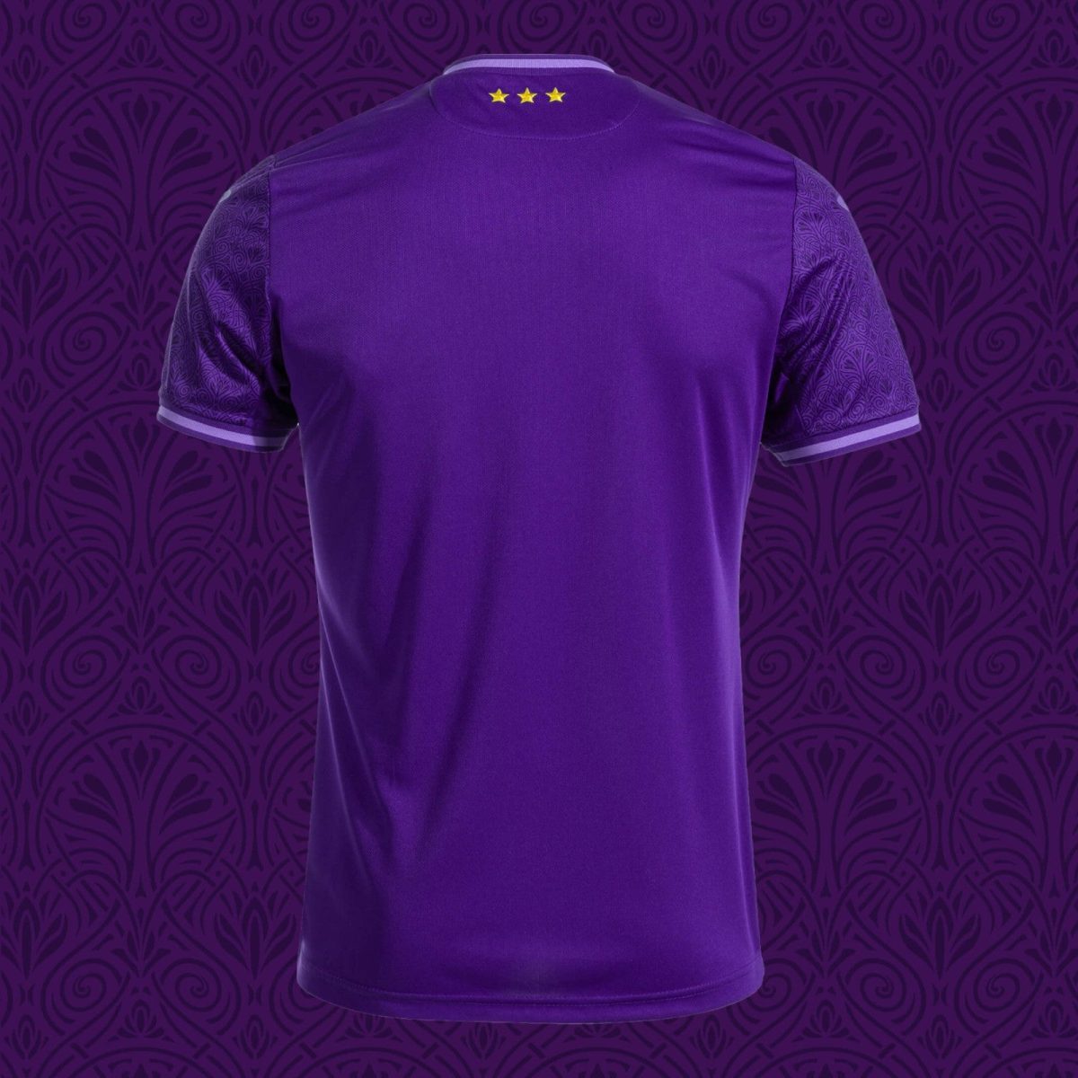 Back view of a purple polo shirt with three gold stars near the collar against a purple decorative background.