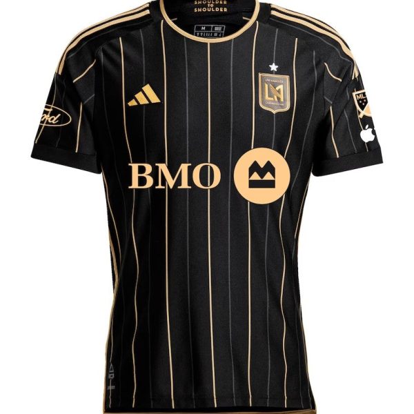 Black LAFC soccer jersey with gold vertical pinstripes, sponsor logo BMO across chest, and team crest on left chest.