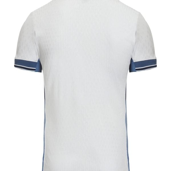 Back view of a white polo shirt with a blue collar and blue-trimmed sleeves.