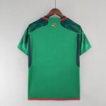 Back view of a green garment on a wooden hanger, with red trim at the hem and a small dragon emblem near the collar/back area, resting against a light wall.