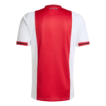 Back of a red and white soccer jersey with a central red honeycomb panel, white sides, and red/black cuff stripes on the sleeves.