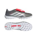 Grey women's/men's running shoe with white side stripes, red Velcro strap, and a white outsole with rugged tread pattern visible from the side and bottom.