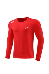 Red Nike long-sleeve athletic shirt with white swoosh logo on chest and Nike text on left shoulder