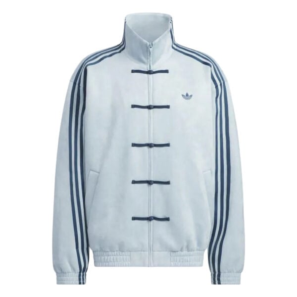 Light blue Adidas track jacket with dark blue piping, stand collar, and Chinese-style knot toggles along the front zipper, logo on left chest.