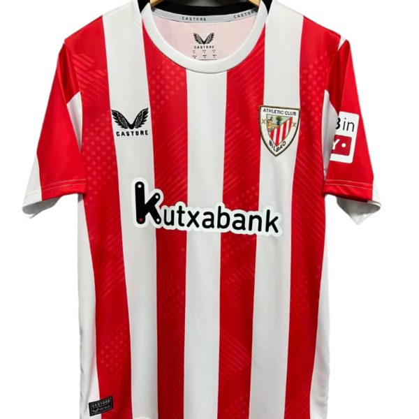 Athletic Bilbao home jersey with red and white vertical stripes, crest on chest and Kutxabank sponsor.