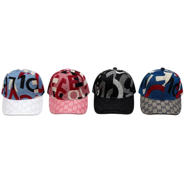 Four graffiti-style baseball caps in blue, pink, black, and beige, arranged in a row with bold letter patterns and branded brims.