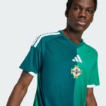 Close-up of a young man wearing a green sports jersey with white shoulder stripes and an NI crest on the chest.