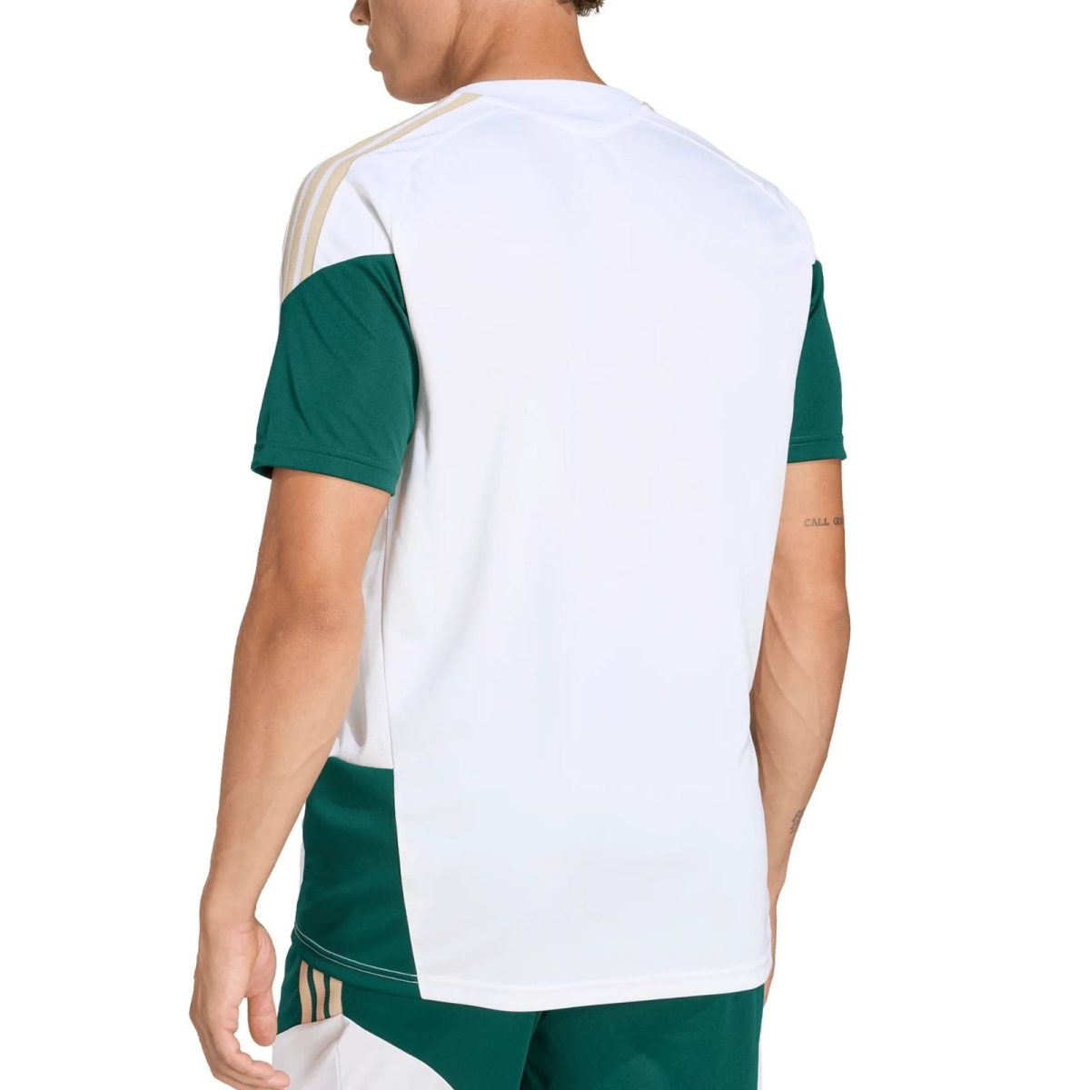 Back view of a person wearing a white athletic shirt with green sleeves and side panels, beige stripe detail on the shoulder edge.