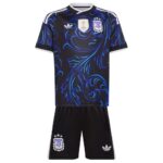 Black soccer kit with a blue swirling pattern; AFA crest and FIFA badge on the chest, paired with black shorts featuring the AFA crest and Adidas logo.