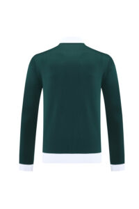 Back view of a dark green long-sleeve sweater with white cuffs and hem.