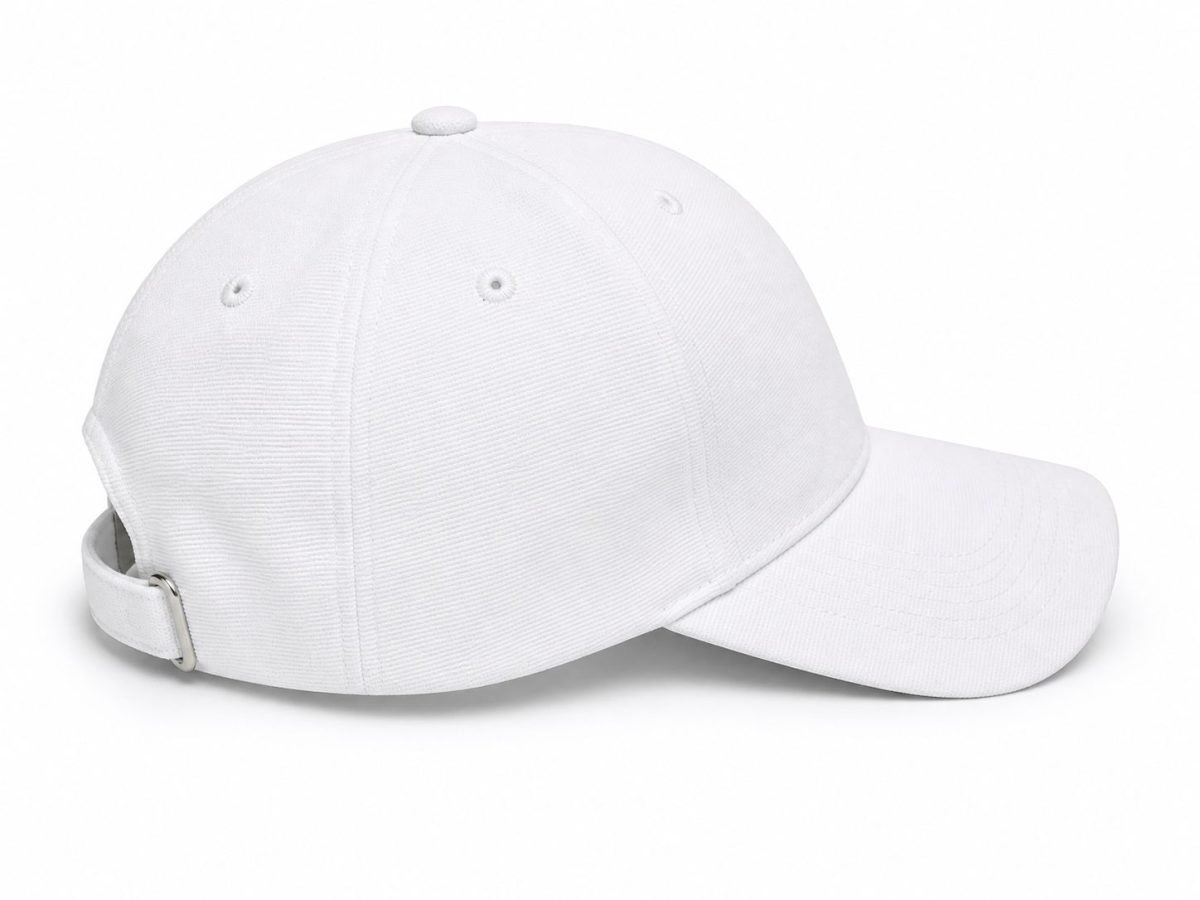 White baseball cap with an adjustable back strap on a white background, side view.