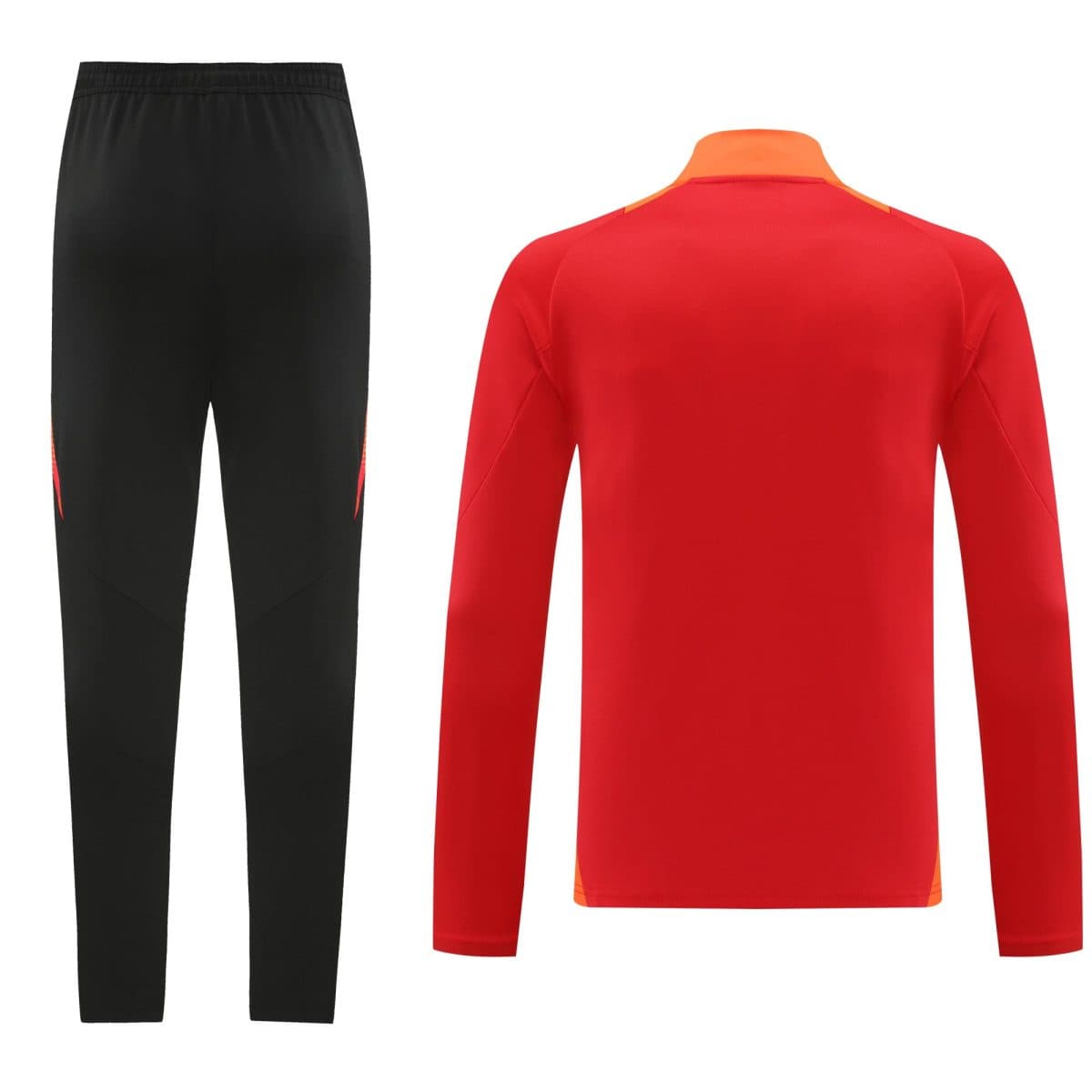 Red athletic jersey with orange collar beside black athletic pants.