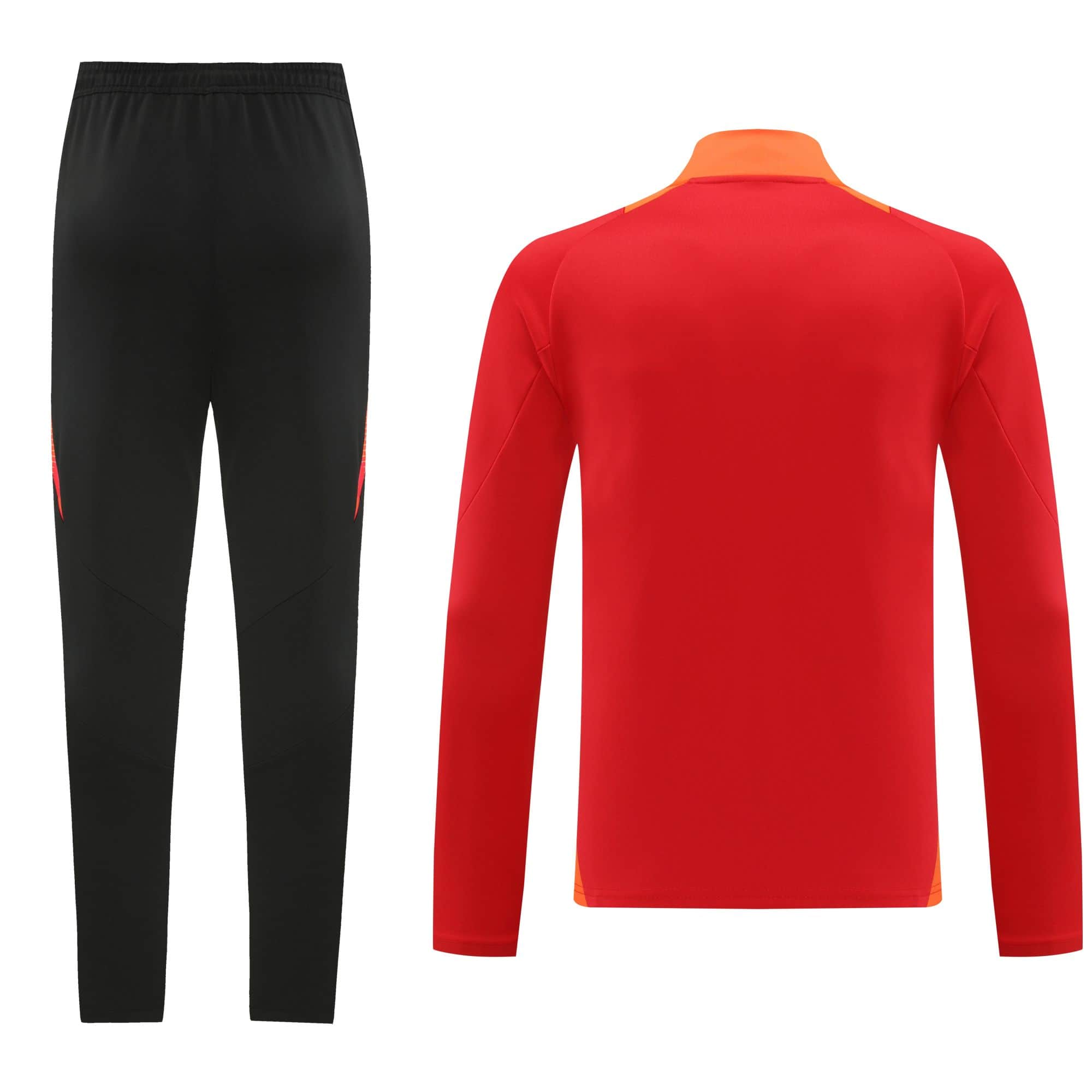 a566949d | UAE SPORT STORE Red athletic jersey with orange collar beside black athletic pants.