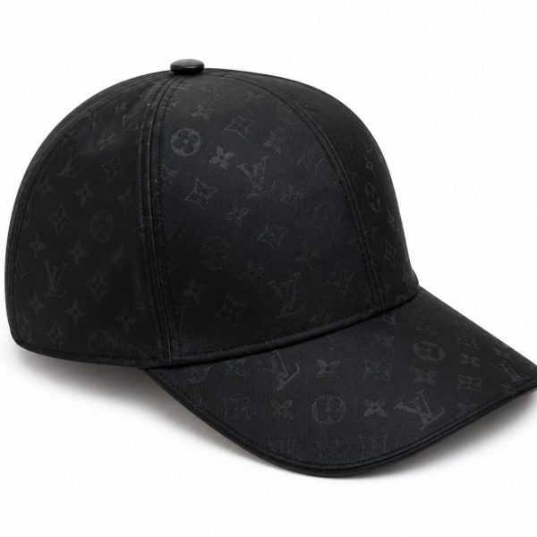 Black baseball cap with a subtle Louis Vuitton monogram pattern across the fabric.