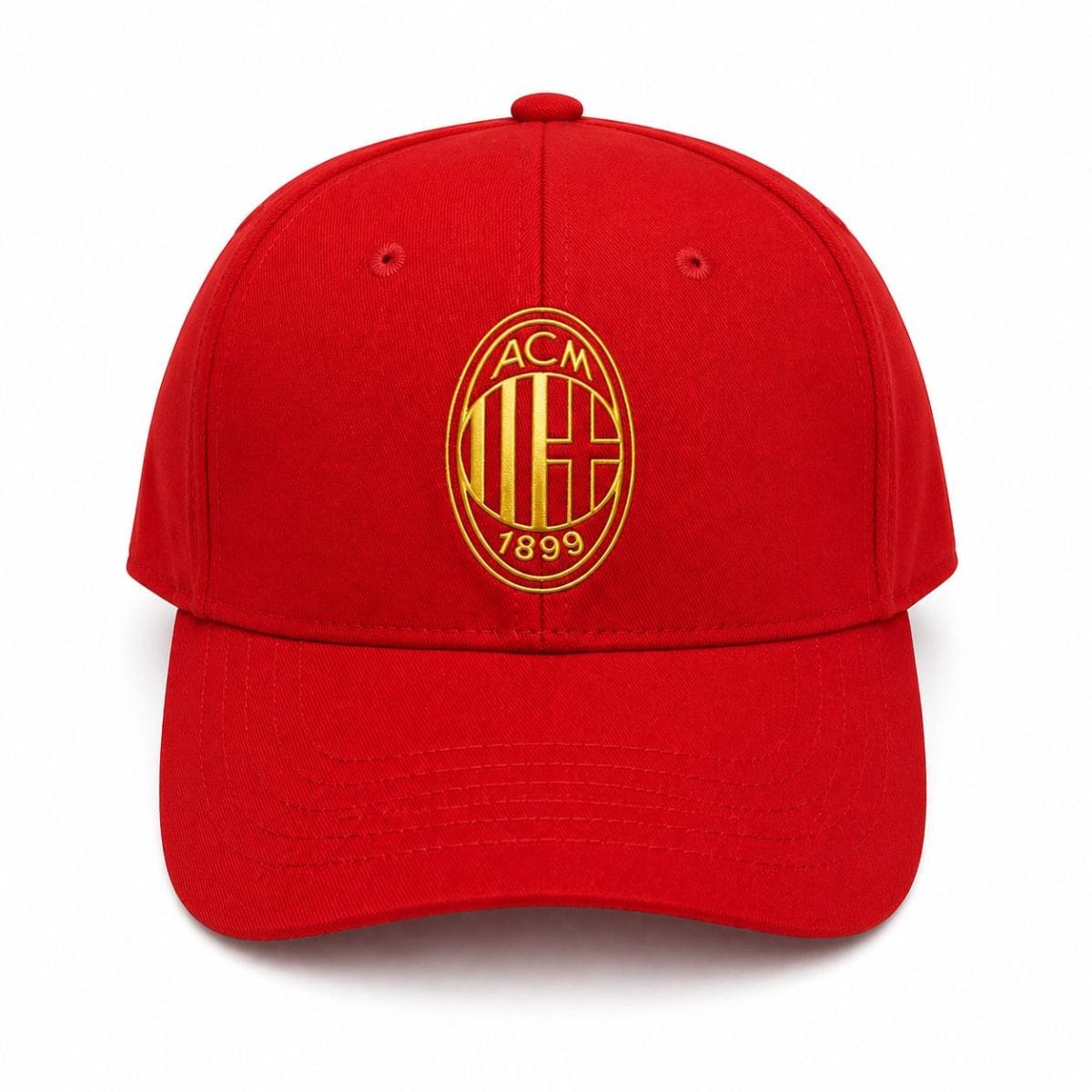 Red baseball cap featuring a gold AC Milan crest on the front panel.