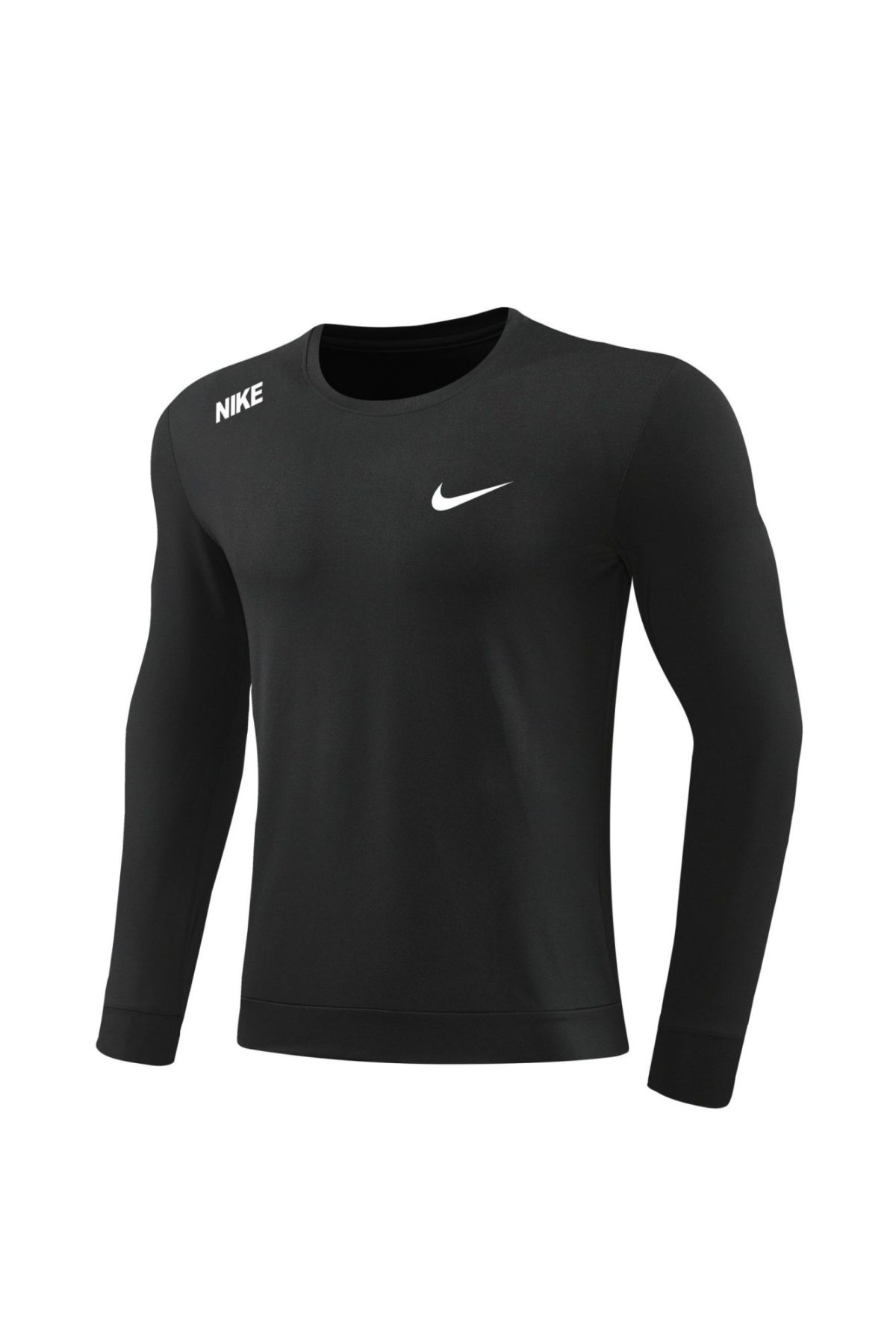 Black long-sleeve Nike training shirt on a mannequin with a white swoosh logo on the chest and small Nike branding on the shoulder