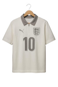 Cream England football jersey on a wooden hanger with gray collar, featuring the crest and a large number 10 on the front with a PUMA logo.