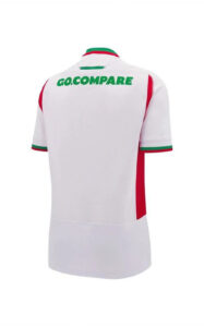 White polo shirt viewed from the back, with the green 'GO.COMPARE' text on the upper back and green/red trim on the collar and sleeves (Italian flag styling).