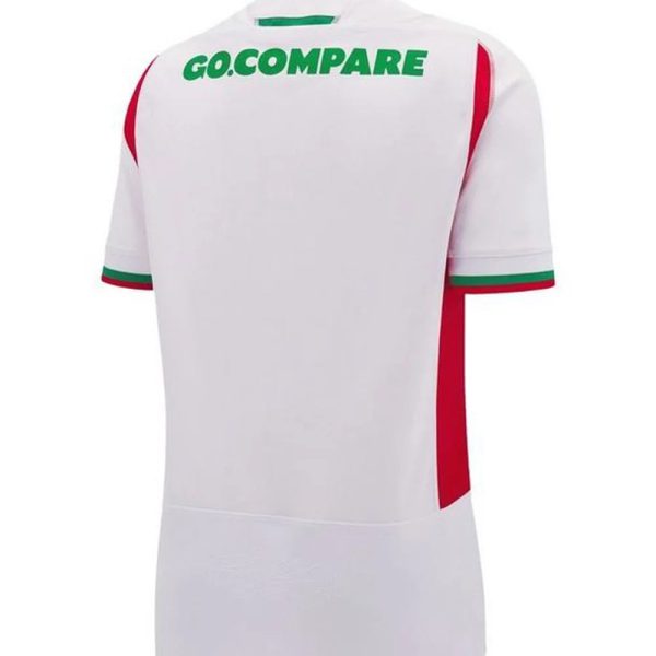White polo shirt viewed from the back, with the green 'GO.COMPARE' text on the upper back and green/red trim on the collar and sleeves (Italian flag styling).