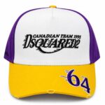 Cap with white front, purple sides, and yellow brim; embroidered text on front reads 'Canadian Team 1995 Dsquared2', and a purple '64' on the brim.