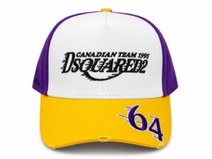 Cap with white front, purple sides, and yellow brim; embroidered text on front reads 'Canadian Team 1995 Dsquared2', and a purple '64' on the brim.