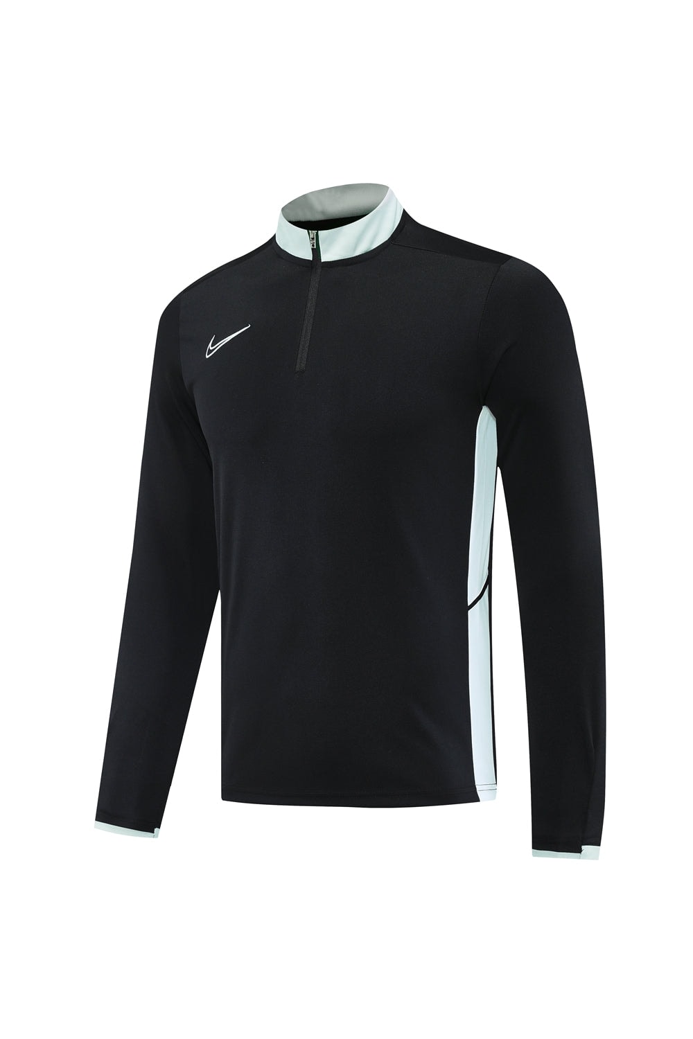 a72f7a49 | UAE SPORT STORE Black long-sleeve athletic top with mint side panels and a mint collar, featuring a white Nike swoosh on the chest.